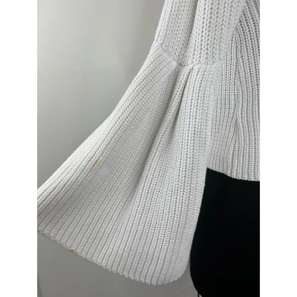 Free People White Bell Sleeve Ribbed Damsel Cable Knit Cotton Sweater Size M
